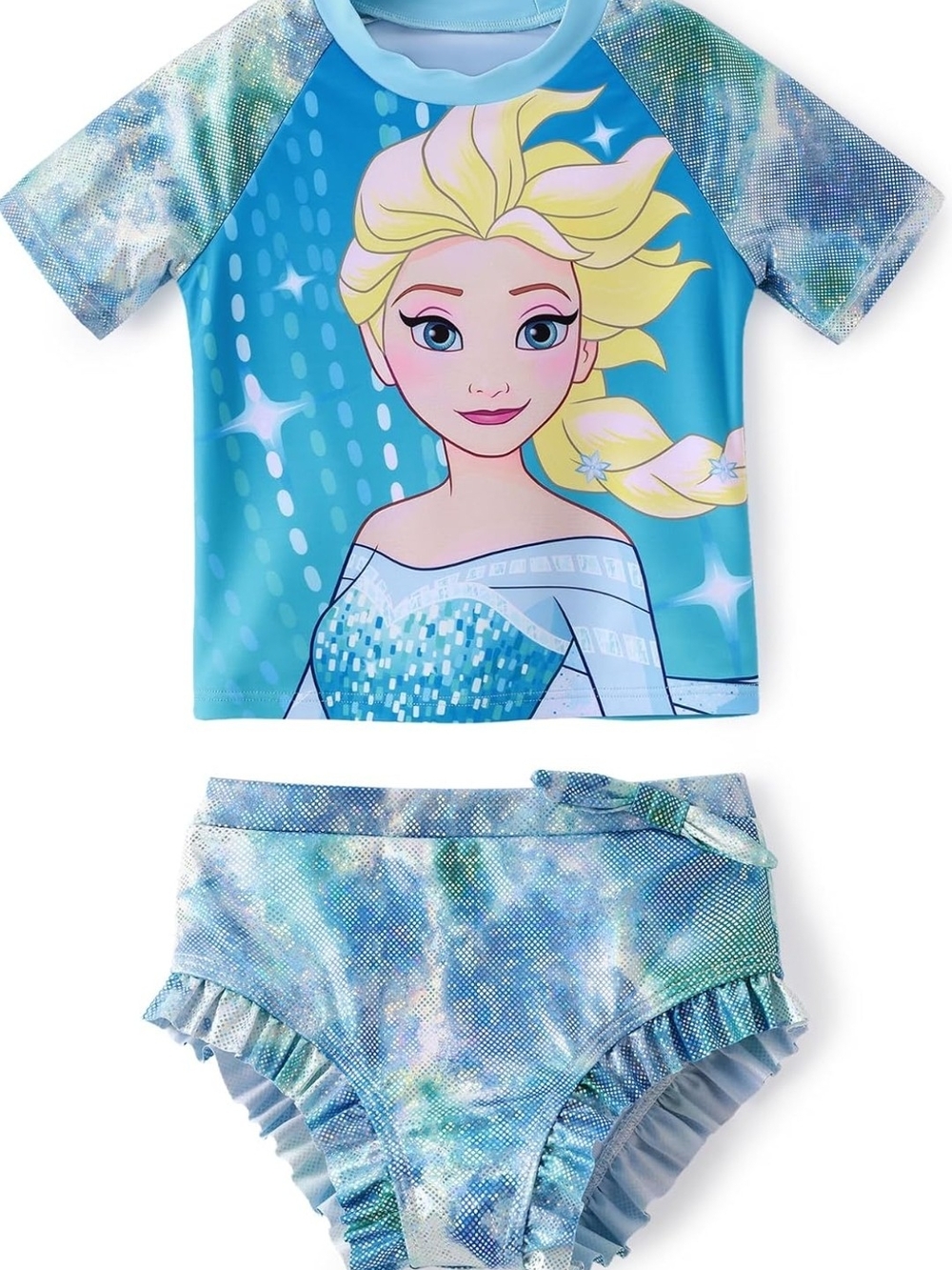 Disney Girls Blue Elsa Two-Piece Rashguard Swim Set with Ice-Print